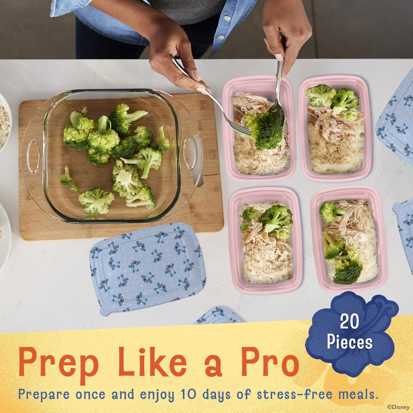 Disney Meal Prep Containers - 20-Piece Reusable Food Containers with Lids - Freezer, Microwave & Dishwasher Safe - Featuring Mickey & Minnie, Lilo & Stitch