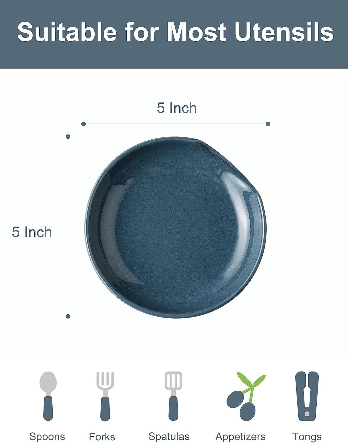 Ceramic Spoon Rest for Stove Top, 5" Stove Spoon Holder for Kitchen Counter, Farmhouse Utensil Rest Tray for Spatula, Ladles Tongs, Vintage Blue