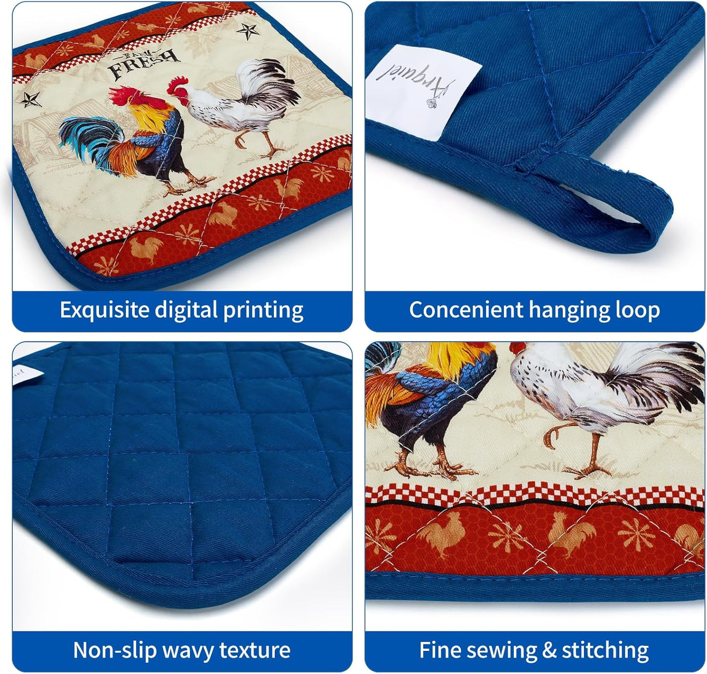 Rooster Oven Mitts and Pot Holders Sets 100% Cotton Heat Resistant, Extra Long Oven Gloves Potholder for Kitchen Cooking Baking Housewarming