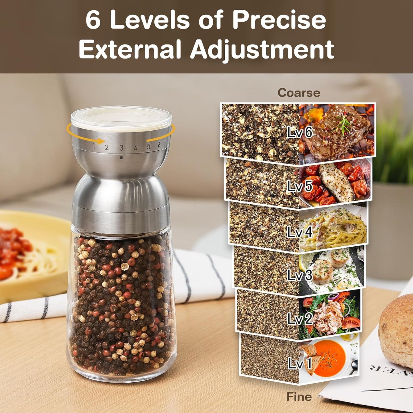 Vucchini Pepper Grinder Salt Grinder Manual - External Adjustable Coarseness with 6 Settings Stainless Steel Spice Grinder Mill Ceramic Burr Large Capacity 9 oz Ideal for Kitchen