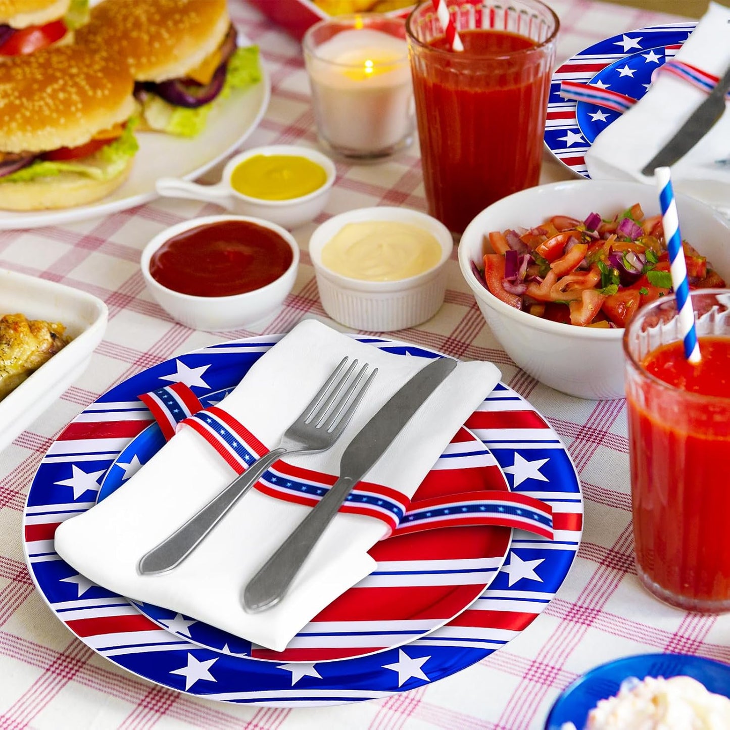 FLOWERCAT 60PCS 4th of July Plates & Red White Blue Plates for Independence Day, Memorial Day - American Flag Plastic Plates Include 30PCS 10.25inch Dinner Plates and 30PCS 7.5inch Dessert Plates