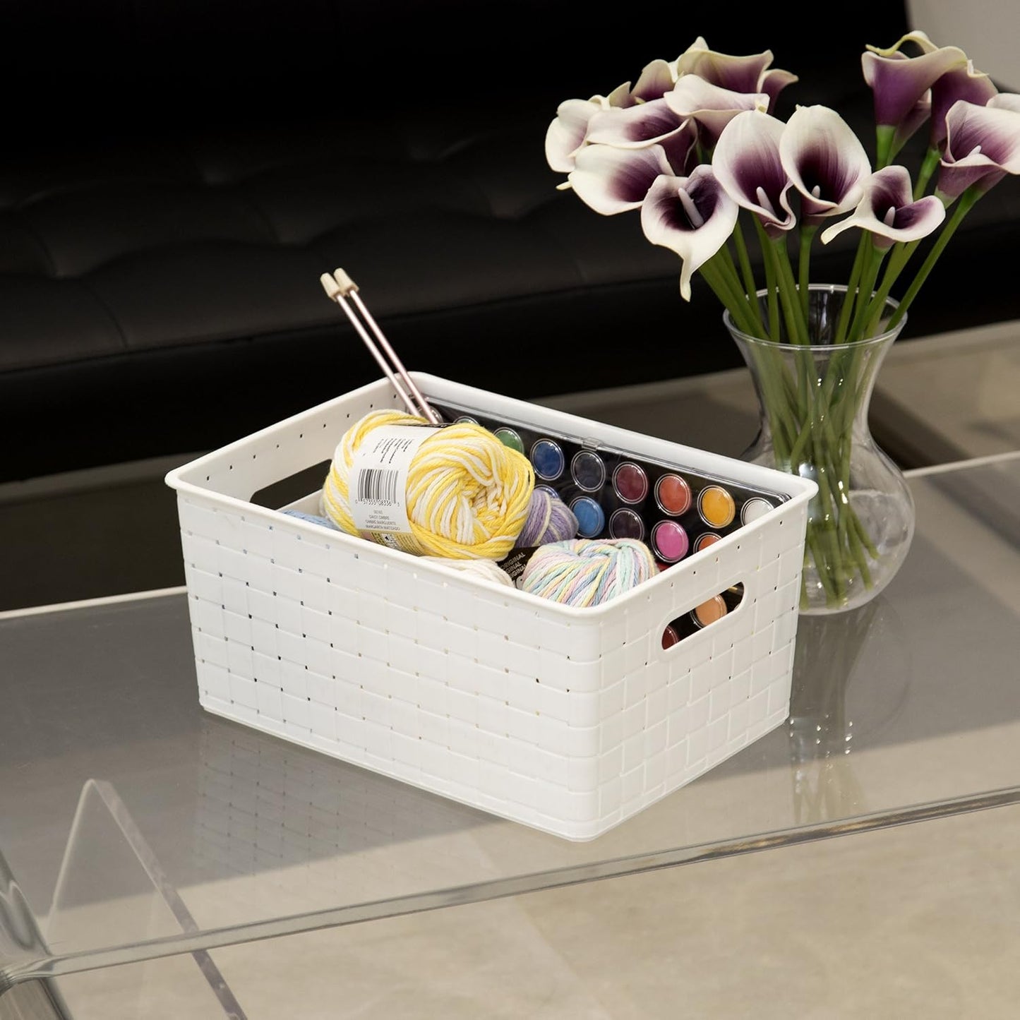 BINO Plastic Basket, Medium - White, 4 Pack, THE STABLE COLLECTION, Multi-Use Storage Basket, Rectangular Cabinet Organizer, Baskets for Organizing with Handles, Home & Office Storage Organizer