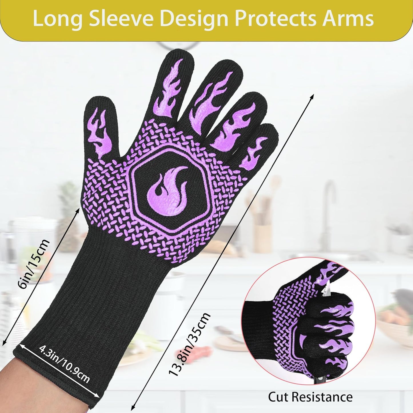 BBQ Fireproof Gloves, Grill Cut-Resistant Gloves 1472°F Heat Resistant Gloves, Non-Slip Silicone Oven Gloves, Kitchen Safe Cooking Gloves for Oven Mitts,Barbecue,Cooking, Frying,13.5 Inch-Purple