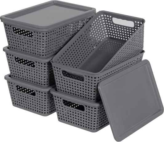 Plastic Storage Baskets With Lid, Storage Bins for Organizing, Stackable Decorative Containers for Shelves Drawers Desktop Closet Playroom Classroom Office, 6 Pack-Grey