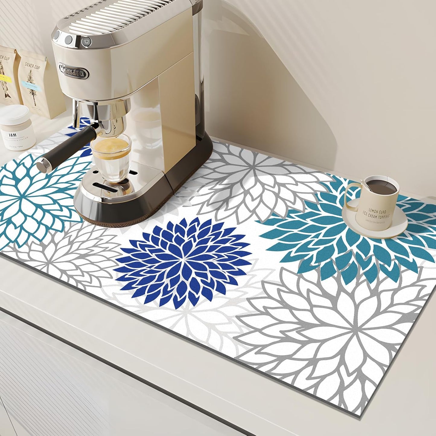 Findosom 2PCS 17" x 32" Dish Drying Mat & 24" x 5.5" Sink Splash Guard, Super Absorbent & Cuttable Dish Mat Drying Kitchen Mat with Blue Floral, Hide Stain Drying Mat for Kitchen Counter