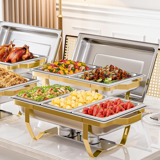 4 Pack Chafing Dish Buffet Set, 8QT Stainless Steel Rectangular Gold Frame Chafers and Buffet Warmer Sets 7 Pans Rolled-Edge Design for Catering Event Party Holiday