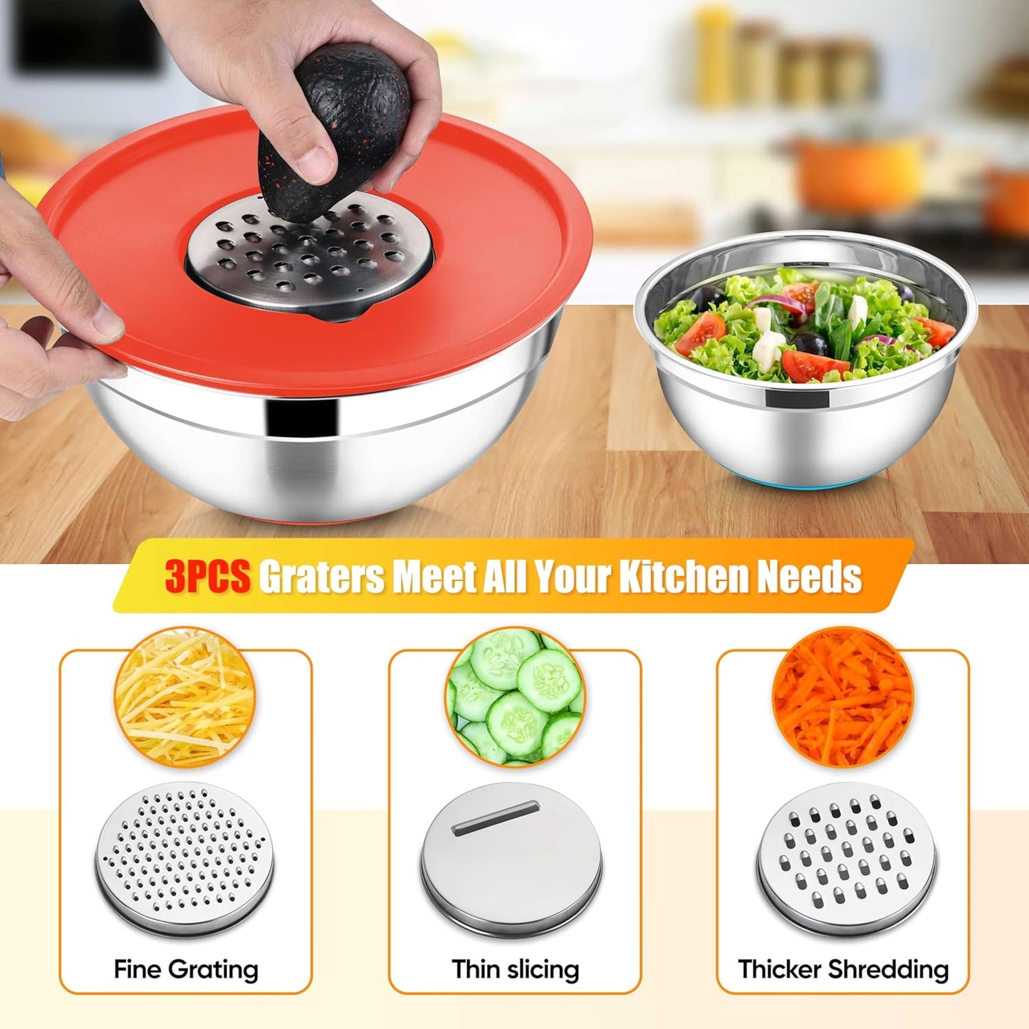 E-far Stainless Steel Mixing Bowls with Lids Set, 5-Piece Nesting Salad Bowls with 3 Grater Attachments and Non-Slip Bottoms, Size 4.6, 2.6, 2, 1.5, 1QT for Kitchen (Colorful)
