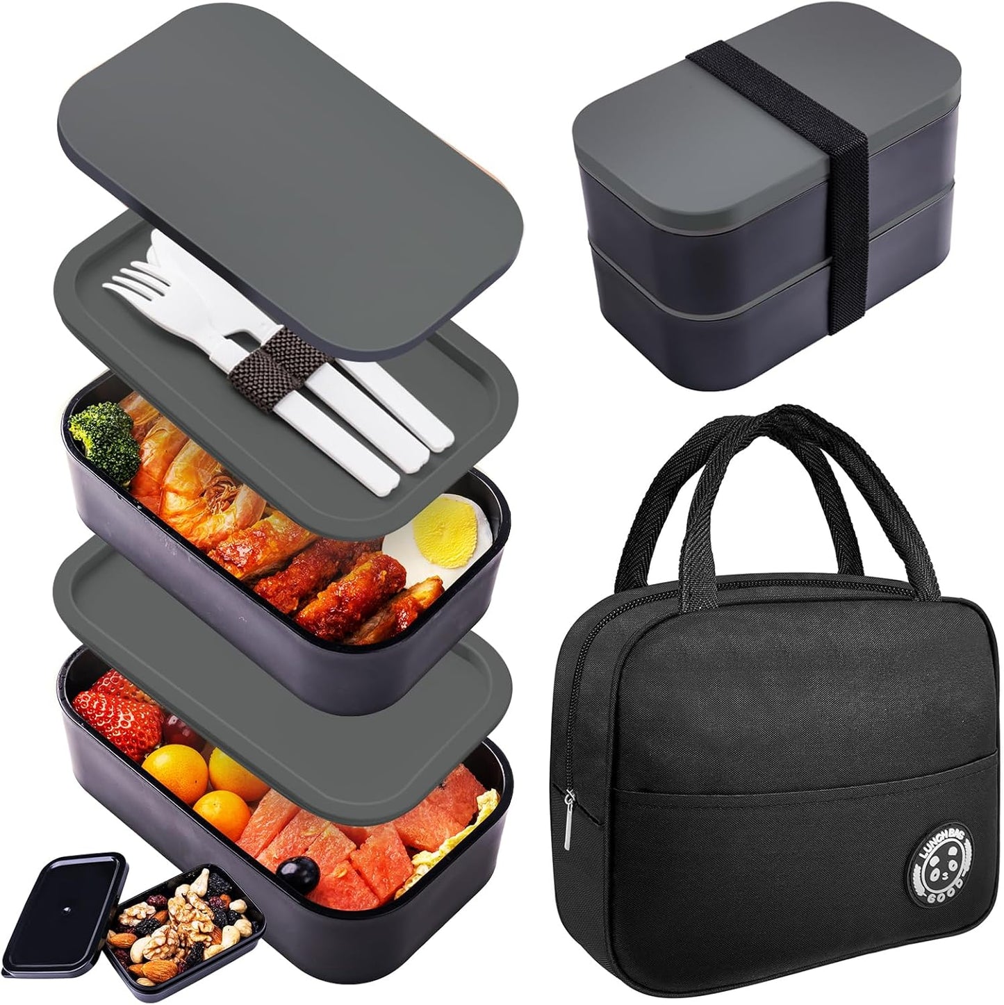 Bento Box with Lunch Bag Microwavable All-in-One Meal Prep Compartment Lunch Containers with Utensils Leak Resistant Lunch Box with Sauce Container 60oz Gray
