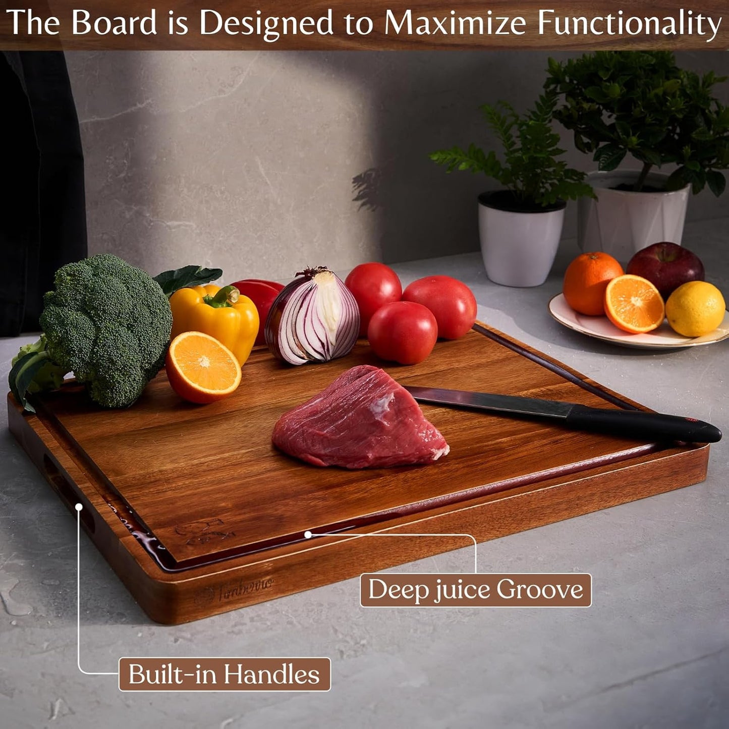 Acacia Wood Cutting Board (20x15x1.2 In.) - Large Thick Edge Grain Wooden Chopping Boards for Kitchen, Giant XL Organic Hardwood Carving Block for Raw Meat