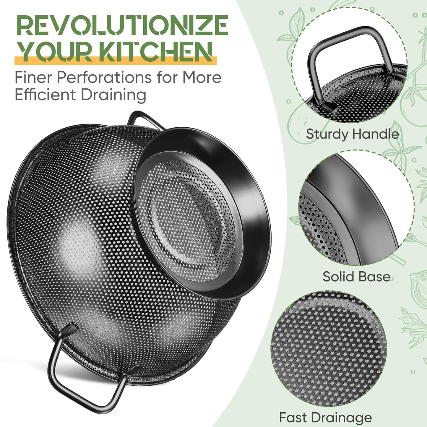 Bokon 3 Pcs Stainless Steel Colander Set Colander Bowl and Sieves 1/3/5 Quart Metal Mesh Strainer Net Basket with Handles Food Spaghetti Strainer for Kitchen Draining Pasta Rinsing(Black)