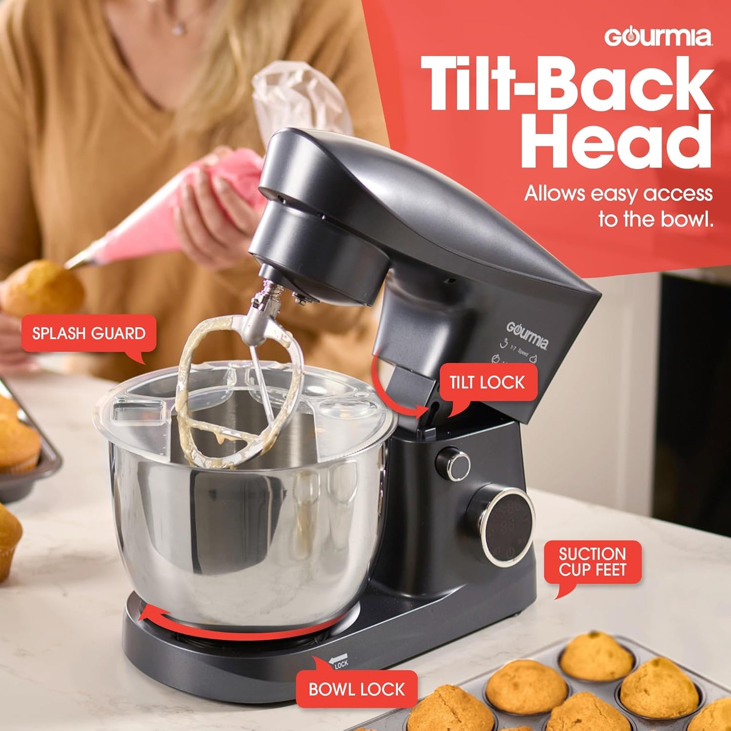 Gourmia 5 Quart Digital Electric Stand Mixer with Attachments, Bowl Shield, Dough Hook, Whisk and Beater - LED Display Timer - 10 Speed Kitchen Countertop Dough Maker Machine for Bread, Cake, Cookies