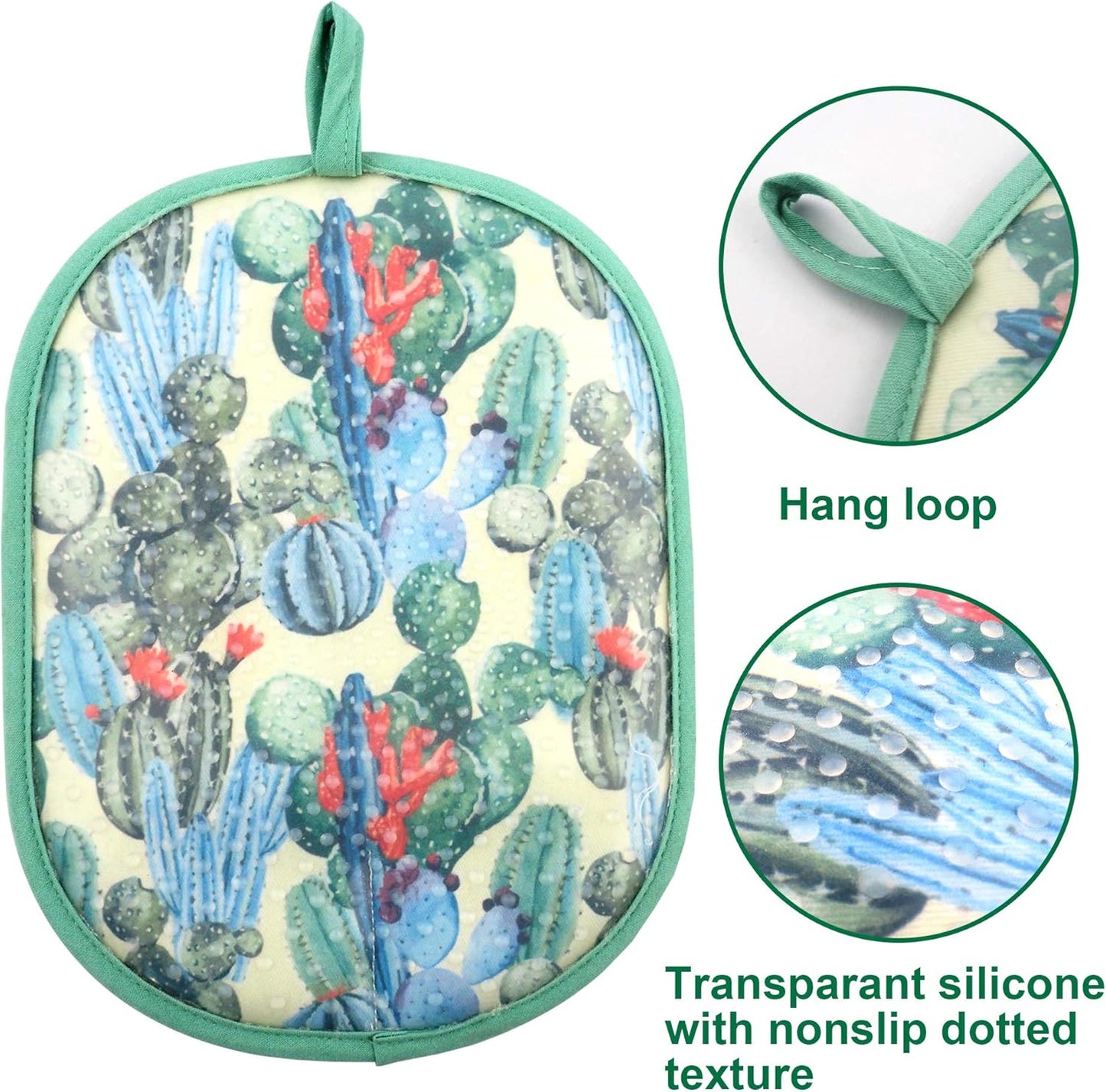 Pot Holders Set of 2 with Transparent Clear Silicone Shell and Nice Cactus Flower Cotton Lining, Heat Resistant to 500 F Kitchen Oven Gloves Pot Holder for Cooking (Cactus Flower, Potholders)