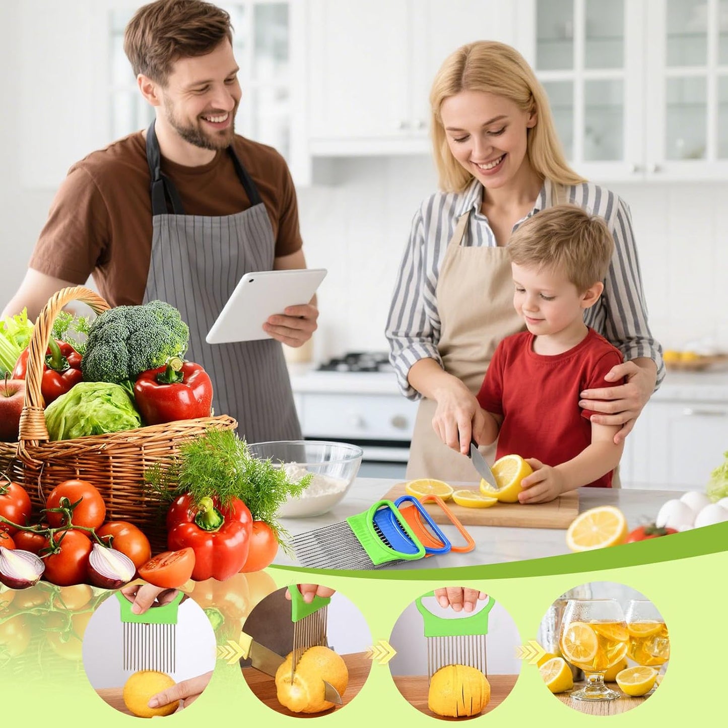 FANTEXY 3Pieces Onion Holder for Slicing, Stainless Steel Onion Cutter for Slicing, Potato Lemon Slicer Tomato Slicers Kitchen Comb for Vegetables, Fruit and Meat