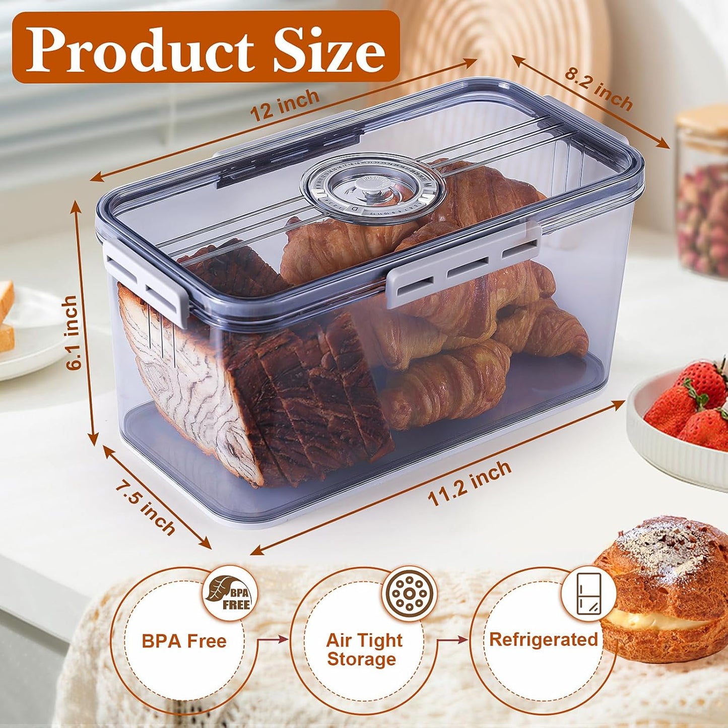 Bread Box for Homemade Bread Boxes for Kitchen Counter Airtight, Time Recording Bread Storage Container with Lid, Bread Containers Storage Airtight Loaf Bread Keeper, Large