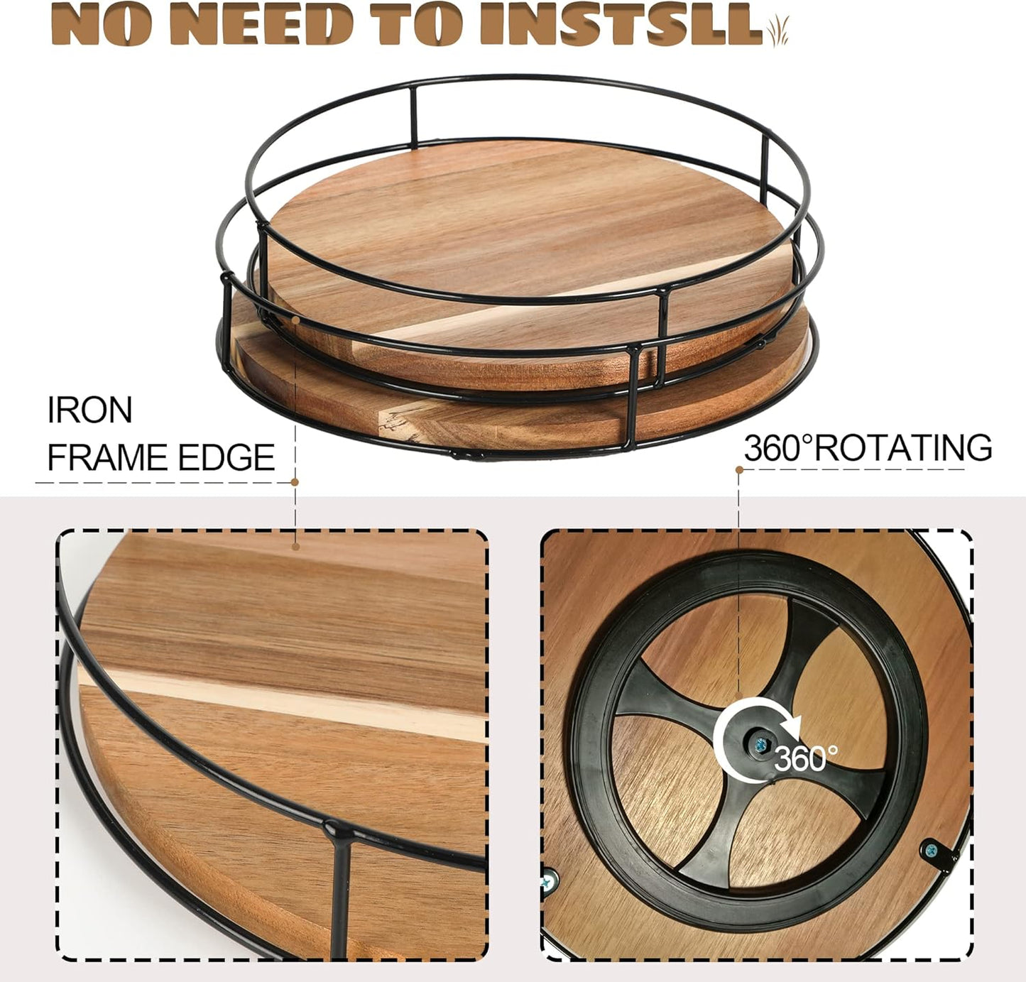 [ 2 Pack ] 10" & 11" Acacia Wood Lazy Susan Organizers with Steel Sides, Lazy Susan Turntable for Cabinet, Kitchen Turntable Storage for Table, Countertop, Pantry
