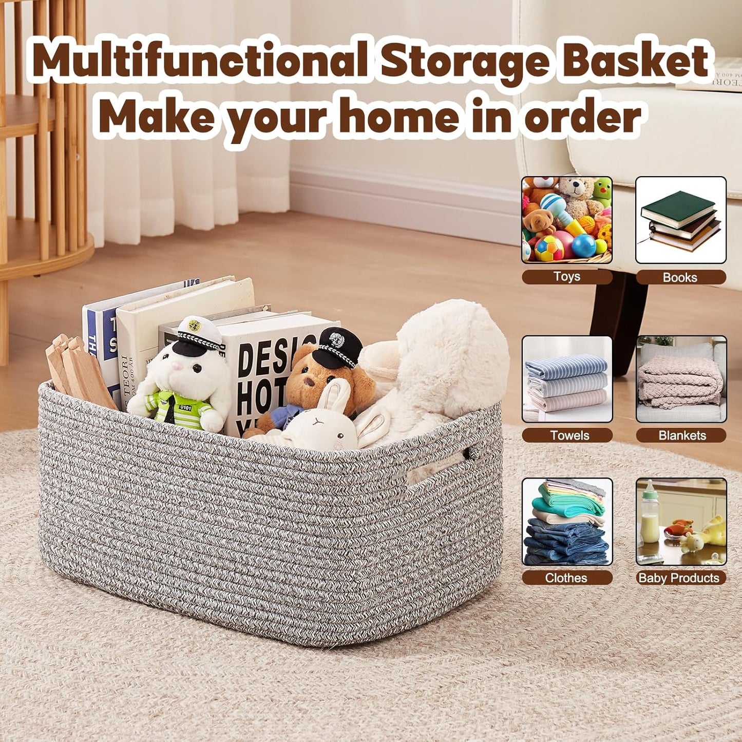 OIAHOMY Storage Basket for Shelves, Closet Cube Storage Bins Baskets for Clothes Blanket Towels, Baby Nursery, Toy Baskets Box, Woven Rope Basket, 15.75*11.81*7.09 IN, 2 Packs Grey