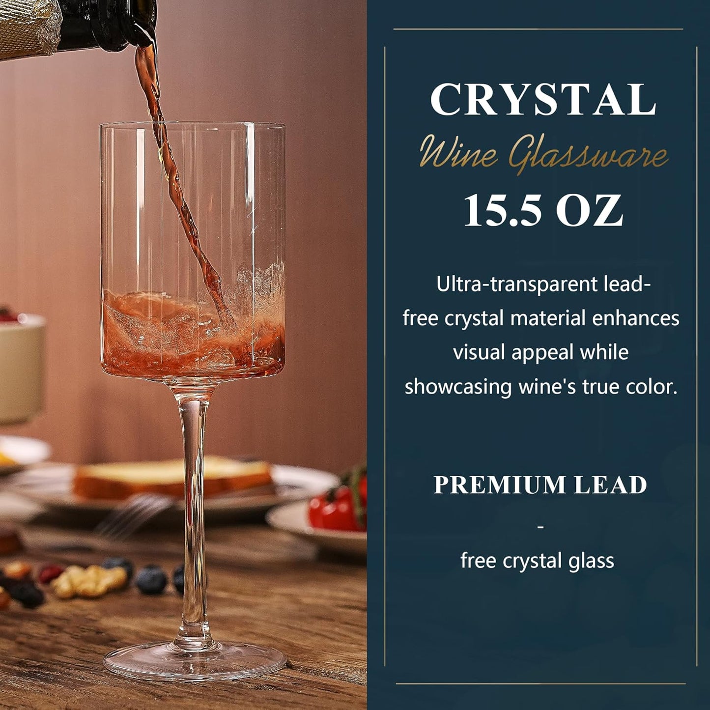 MICHLEY Square Crystal Wine Glasses Set of 2-15.5 oz large Long Stem Glassware Red/White Glasses Drinkware Perfect Gifts for Women, Wedding,Birthday Decorations