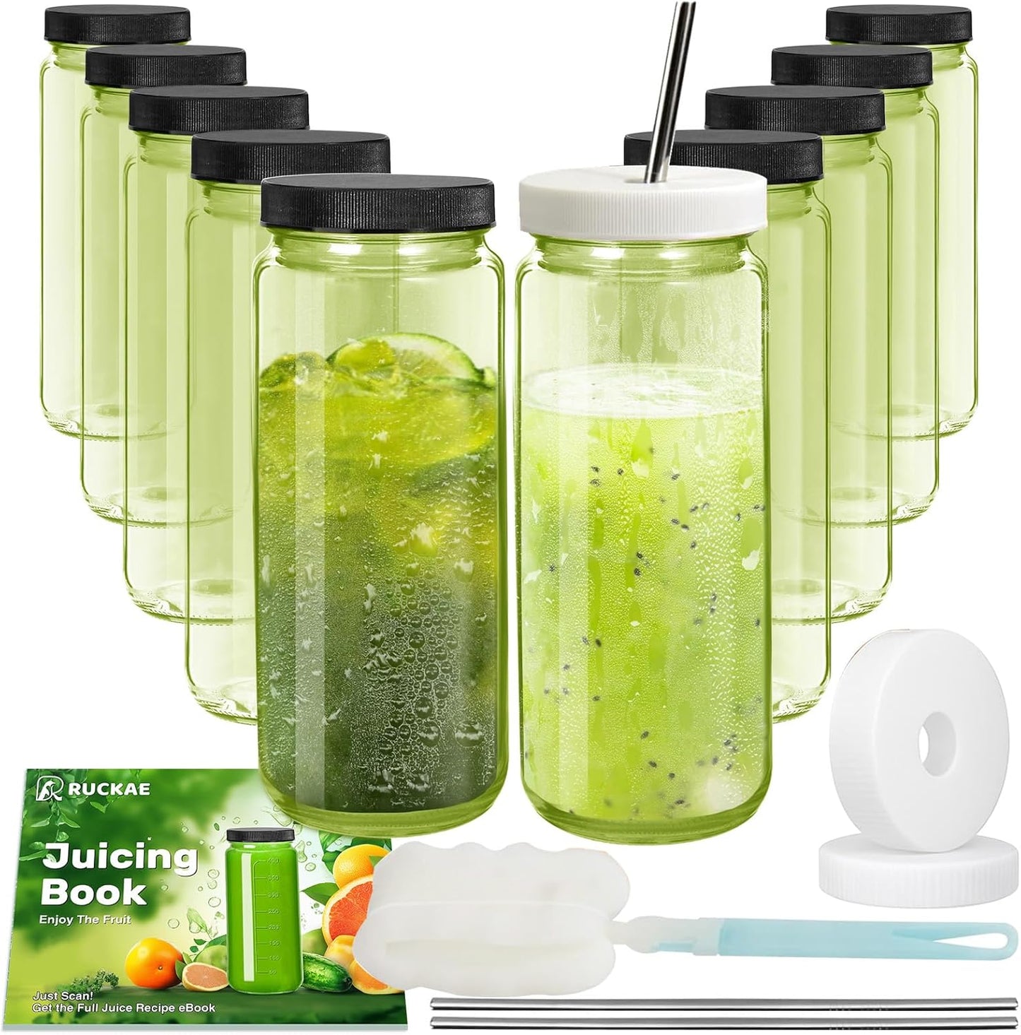 Ruckae Green 16oz 10 Pack Juice Bottles, Glass Bottles Juicing with Lids, Smoothie Cup Lids and Straws, Water Bottle Mason Jar Drinking Glasses for Juicing, Smoothies, Kombucha