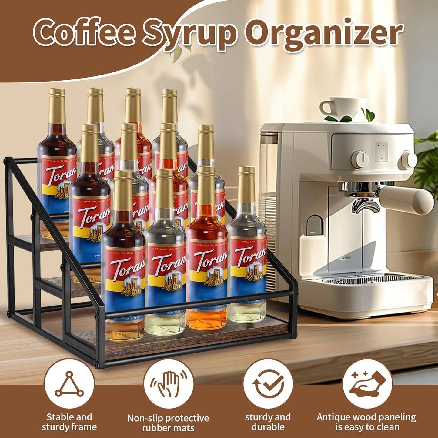 Coffee Syrup Rack Organizer, 3-Tier 12 Bottles Syrup Rack for Coffee Bar,Syrup Stand for Kitchen Coffee Station,Syrup Holder,Liquor Bottle Display Shelf