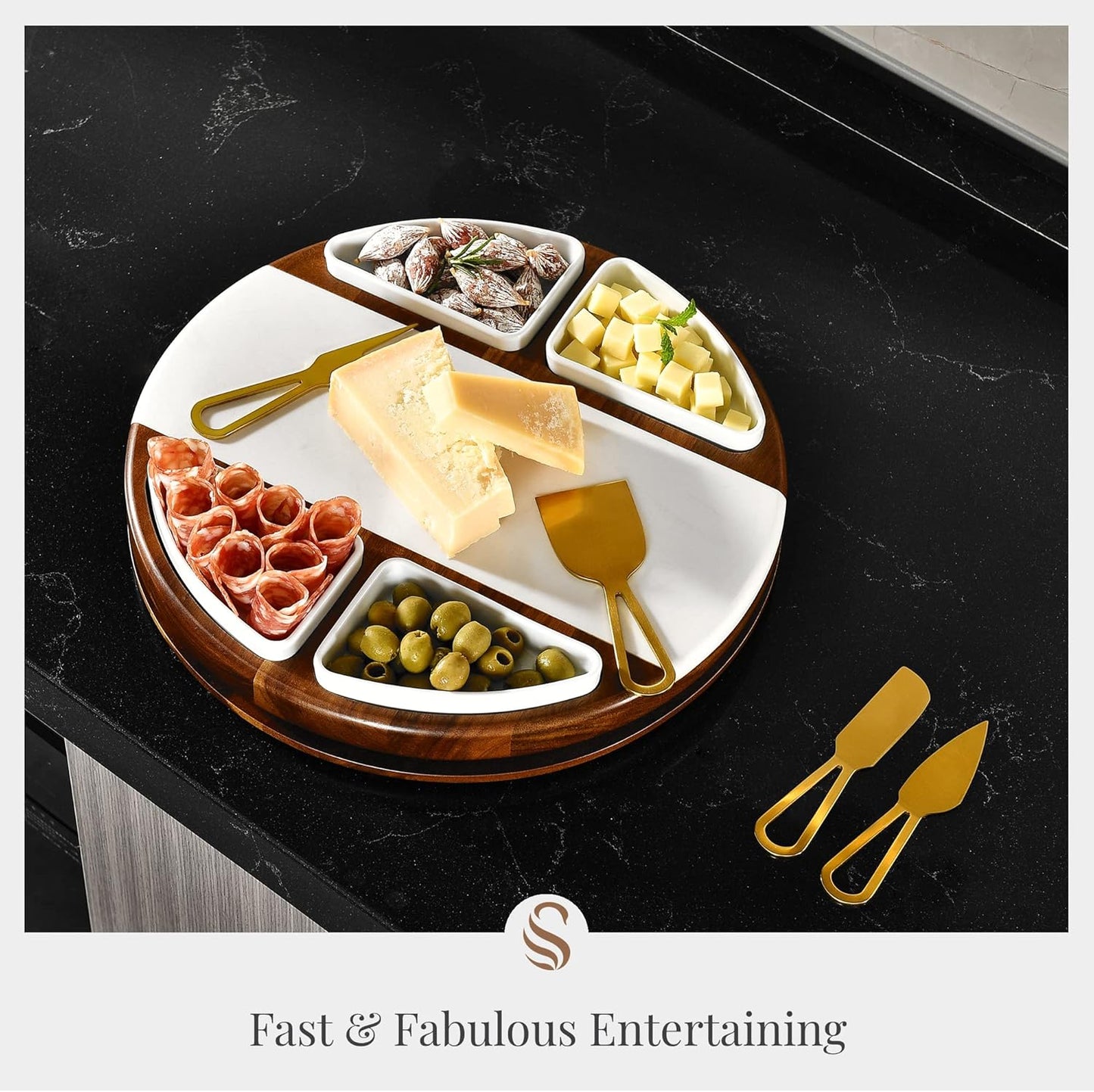 Shanik Upgraded Lazy Susan Cheese Cutting Board Set - Round Acacia Charcuterie Board With 4 Ceramic Bowls - Wedding Gifts - Cheese Serving Platter - Bridal Shower