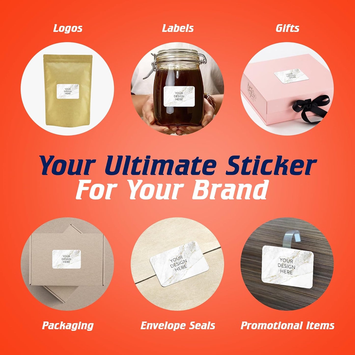 100 Custom Vinyl Stickers - Upload Your own Image, Text, Design, Logo - Personalized Logo Labels for Handmade, Packaging, Bottle, Jars, Candle, Brand Stickers (Gold Marble, 4x2)