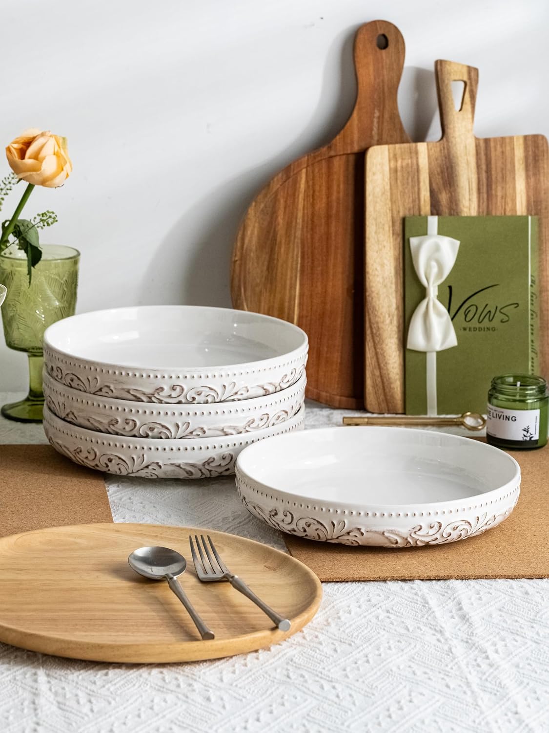 YHOSSEUN 9.75" Large Pasta Bowls, 50 OZ Salad Bowl Ceramic Serving Bowls Set of 4, Wide and Shallow Kitchen Bowl Plates Pasta Plates, Antique Morning Glory