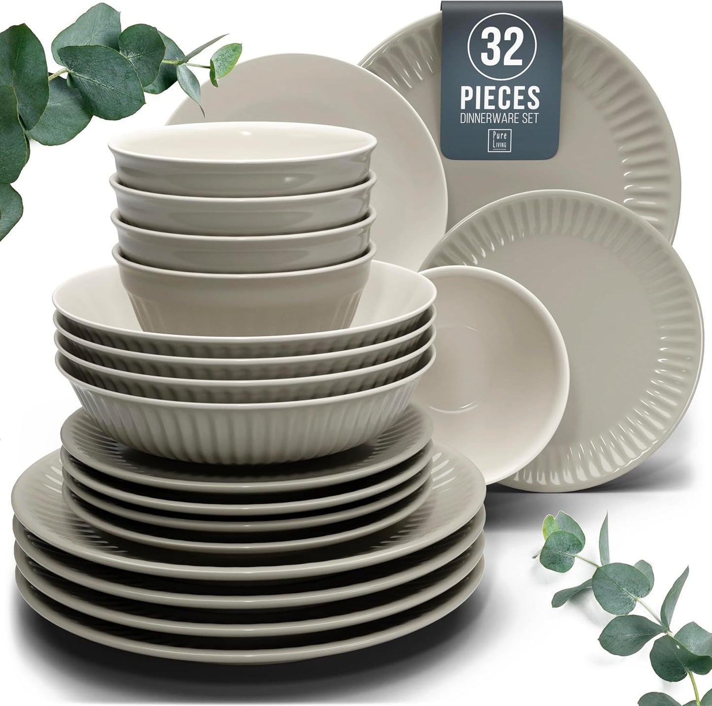 Stoneware Dinnerware Set for 8 People HYGGE 32-Piece - Elegant Scandi Design - Premium Dish Set - Bowl and Plate Set - Tableware for 8 People in a Ribbed Design - Pure Living in Light Brown