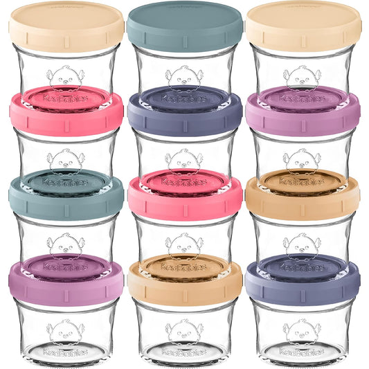 KeaBabies 12pk 4oz Glass Baby Food Containers with Lids - Leak-Proof, Microwavable Small Glass Jars, Baby Purees & Toddler Snack Storage Containers, BPA-Free, Dishwasher & Freezer Safe (Sunset)