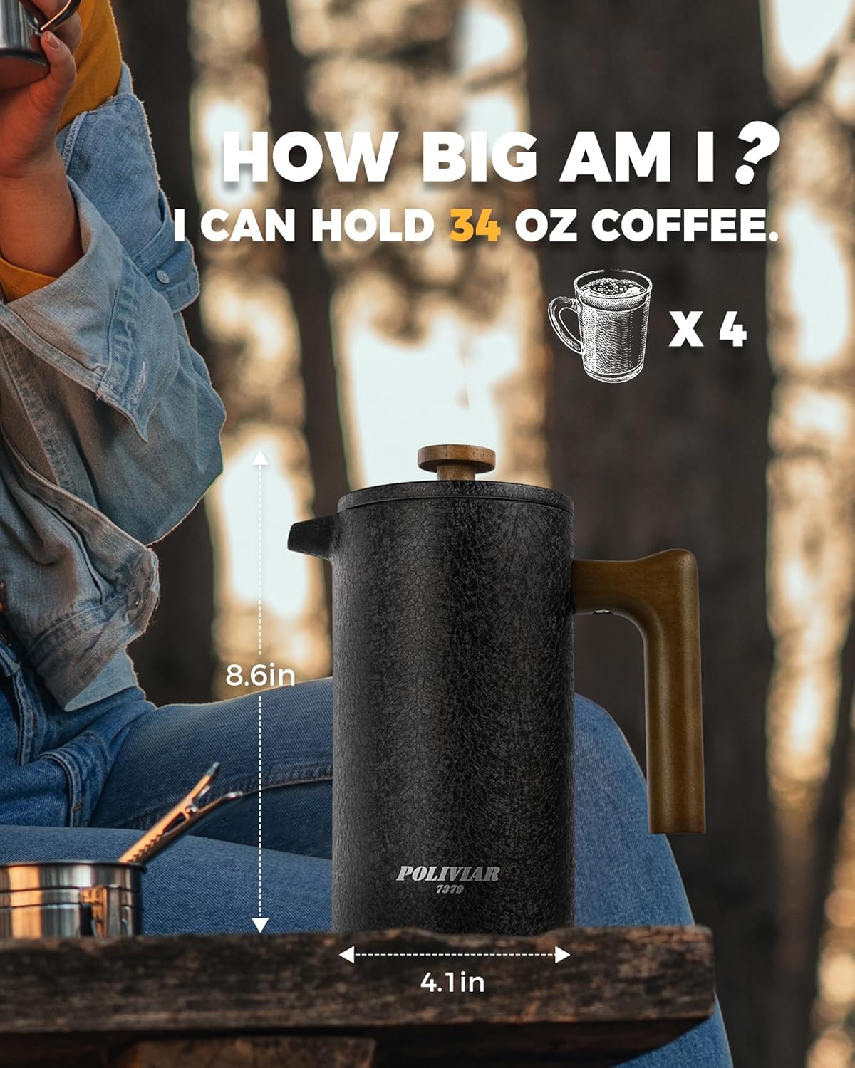 POLIVIAR French Press Coffee Maker, 34 oz Coffee Press with Real Wood Handle, Double Wall Insulation & Dual-Filter Screen, Food Grade Stainless Steel for Good Coffee and Tea JX2023-FPLB