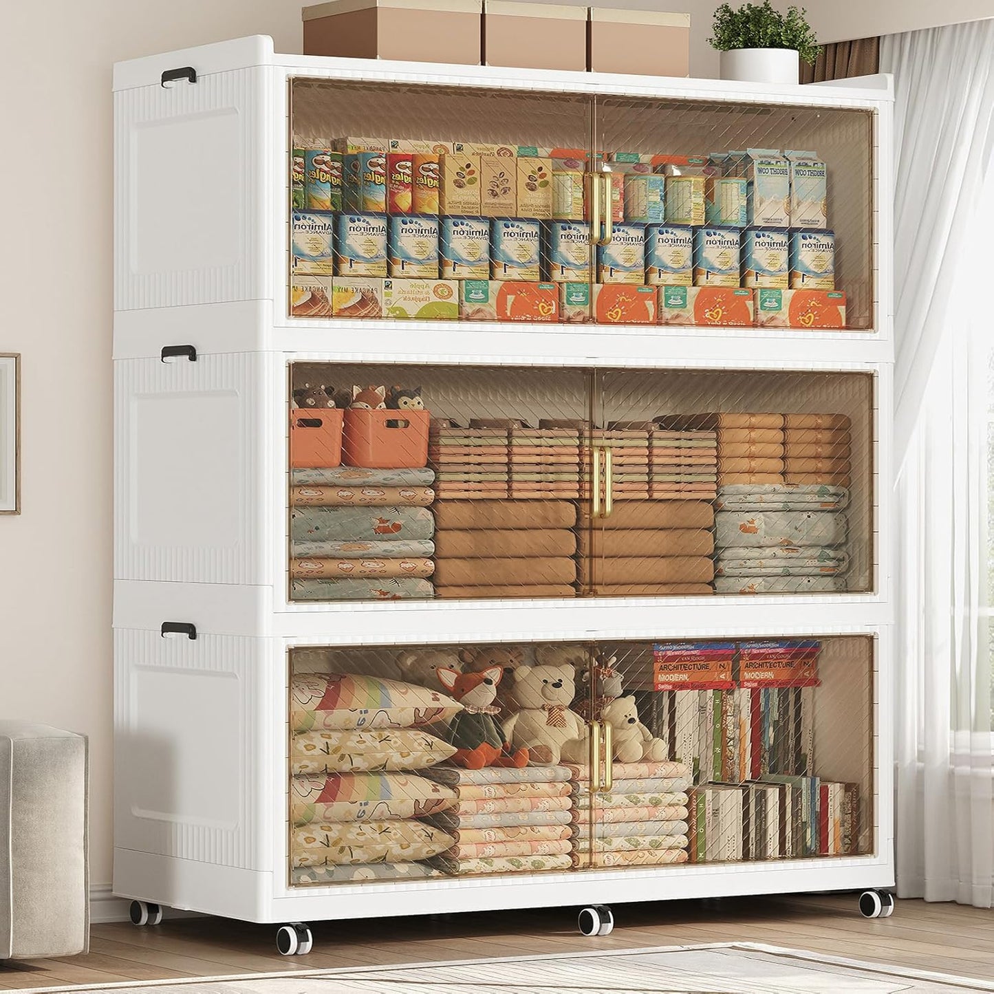 240GAL Extra Large Stackable Storage Bins with Lid, 960QT Plastic Storage Bins with 6x Wheels, Collapsible Closet Organizer and Storage Drawer Cabinet for Living Room Office Dorm, 3Pack White