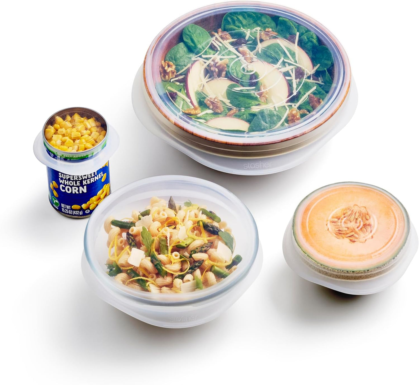 Stasher Premium Reusable Silicone Stretch Lids Variety 4-Pack, Clear, 9”, 6.5”, 4.5”, 2.5”, Airtight Seal, Food Container Covers, BPA Free, Leak-free, Dishwasher Safe, Microwave Safe, Eco-Friendly