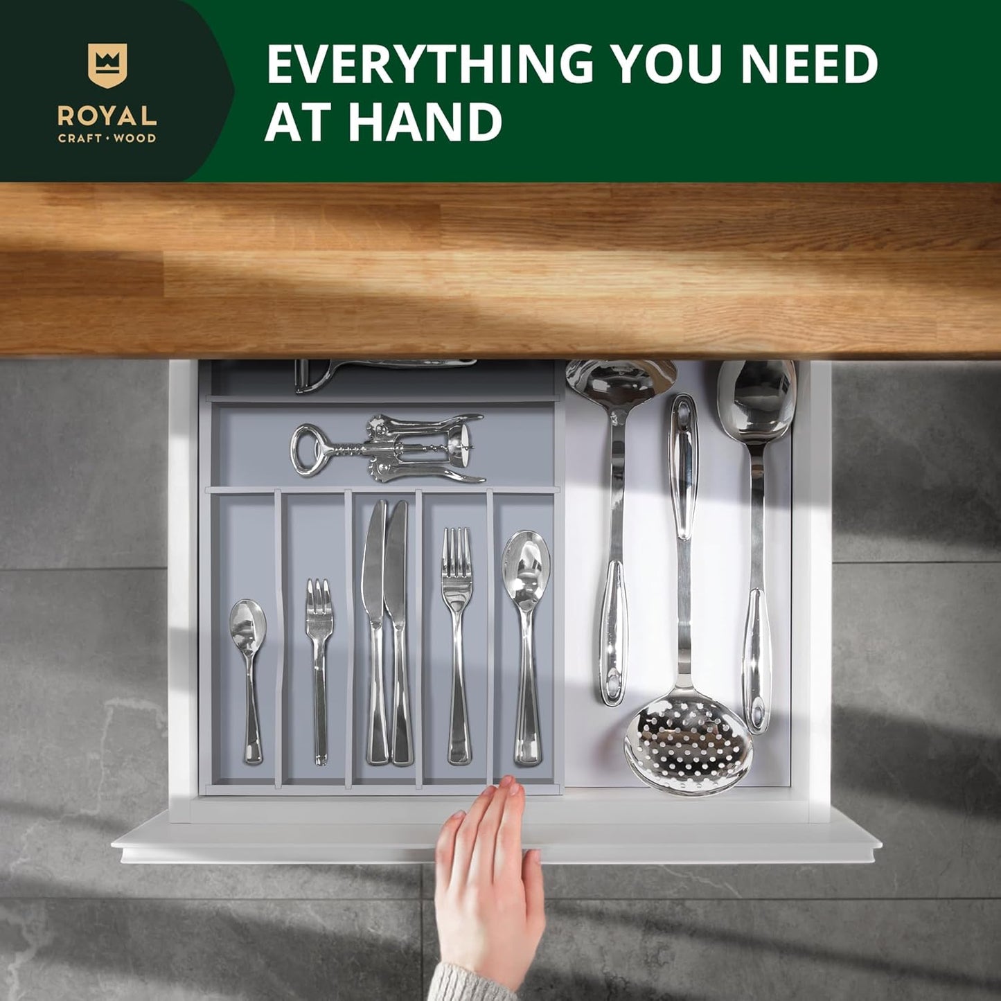 ROYAL CRAFT WOOD Luxury Bamboo Kitchen Drawer Organizer - Silverware Organizer - Utensil Holder and Cutlery Tray with Grooved Drawer Dividers for Flatware and Kitchen Utensils (7 Slot, Gray)