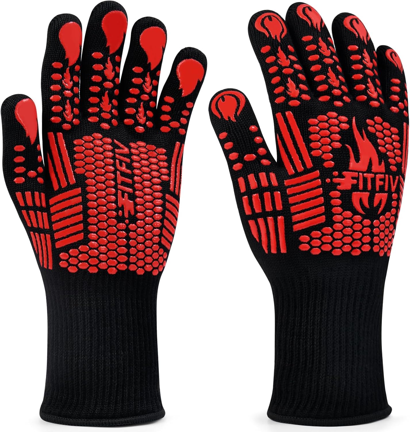 BBQ Gloves, Oven Gloves, 1472°F Extreme Heat Resistant Barbecue Gloves, Silicone Non-Slip Oven Mitts, Kitchen for Cooking, Grilling, and Baking (Red)