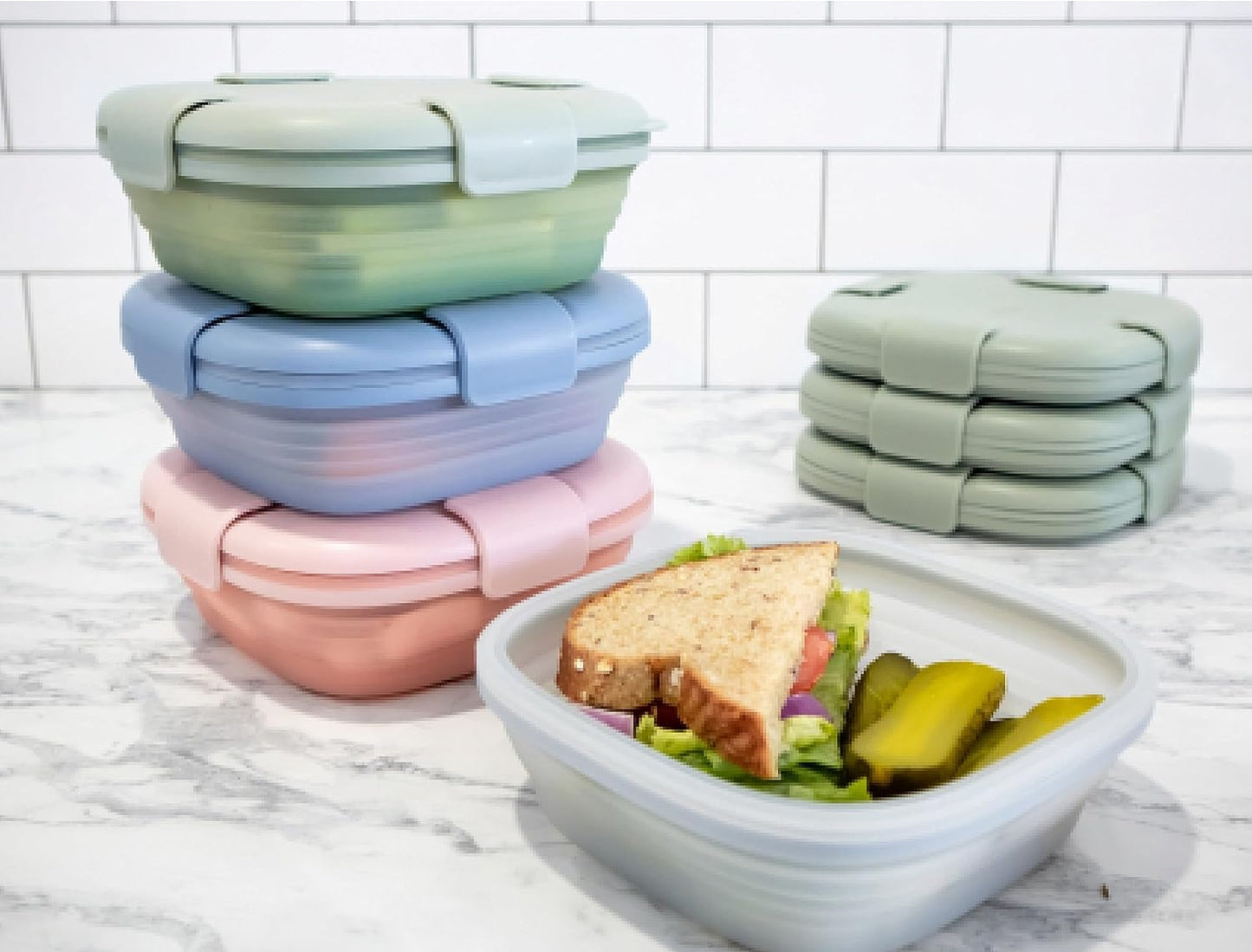 STOJO Collapsible Sandwich Box – 24oz, Reusable Food Storage Container, Silicone Bowl for Hot/Cold Food – Meal Prep, Lunch, Camping, Hiking – Dishwasher Safe (Set of 5, Translucent Eucalyptus)