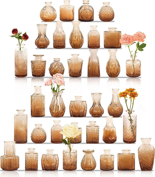 36Pcs Bud Vases Set Small Vintage Glass Bottles Bud Vases in Bulk Multiple Shape Cute Glass Vases for Rustic Wedding Centerpieces Table Decorations and Home Decor(Amber)