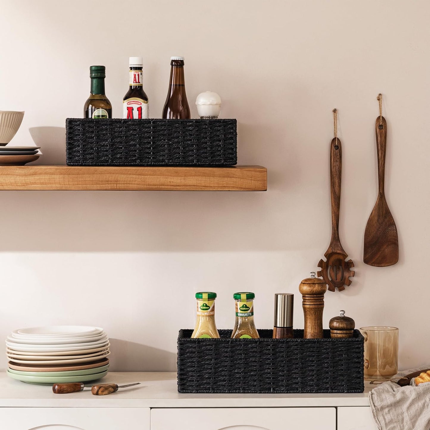 UBBCARE Toilet Tank Basket for Bathroom, Hand Woven Paper Wicker Basket for Organizing, Countertop Decorative Storage Basket with Handles, 2-Pack, Black