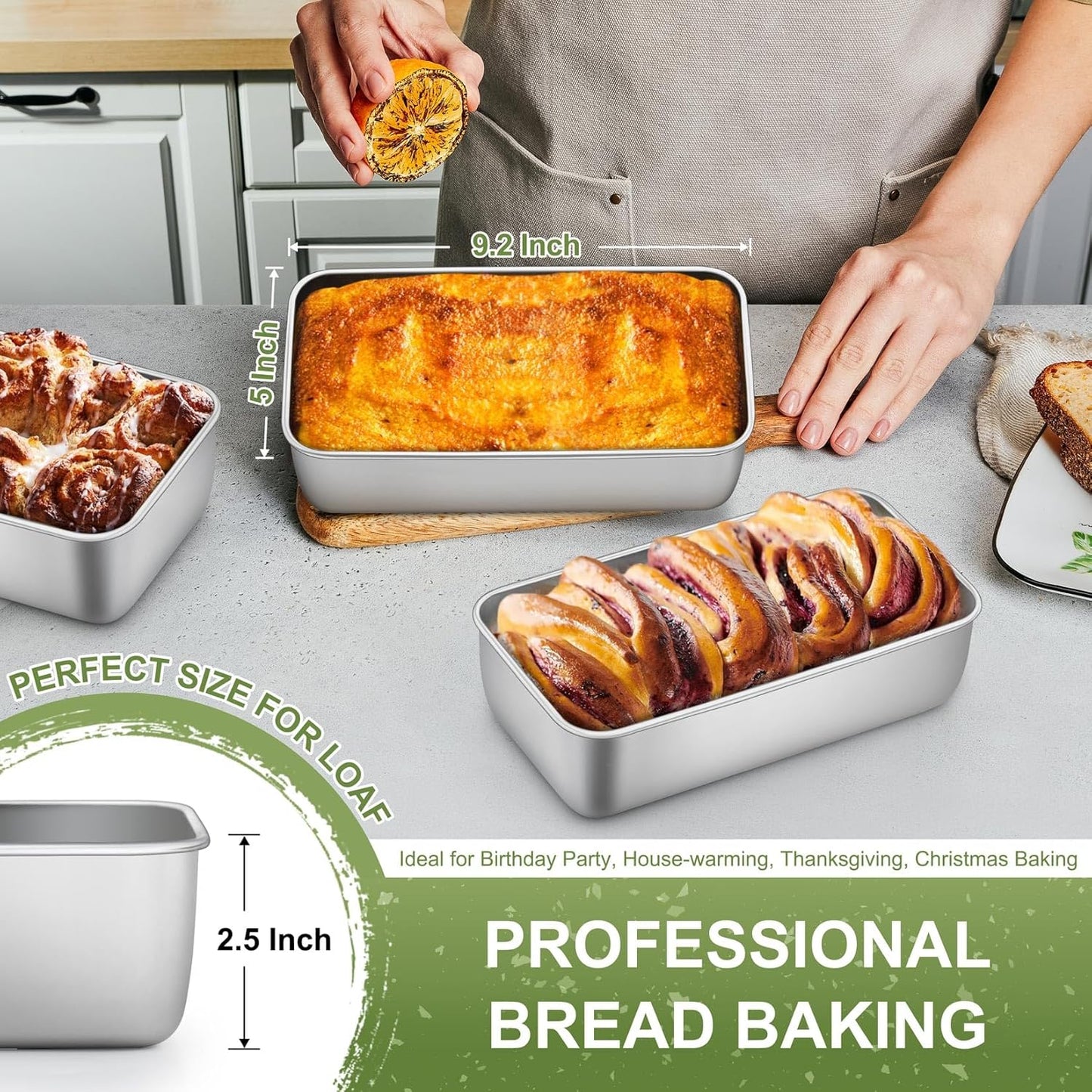 P&P CHEF Loaf Pan Set, 9 x 5 Inch Bread Pans, Stainless Steel Loaf Toast Baking Pans For Bread Meatloaf Lasagna Cake, Healthy & Non Toxic, Oven & Dishwasher Safe,(Silver, 3Pcs)