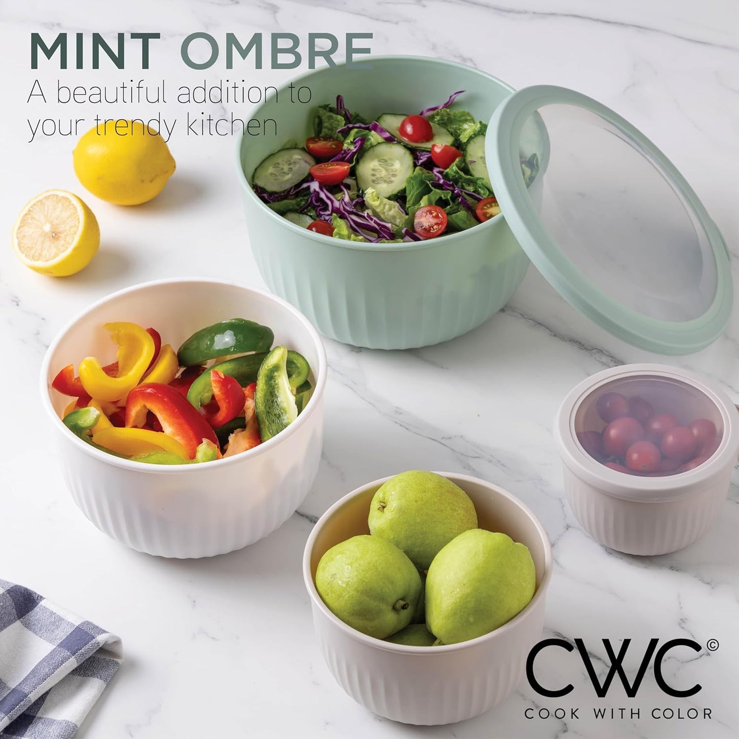 COOK WITH COLOR Prep Bowls with Lids- Wide and Deep Nesting Plastic Small Mixing Bowl Set with Lids, 12 Piece Set - Deep Bowls, Mint