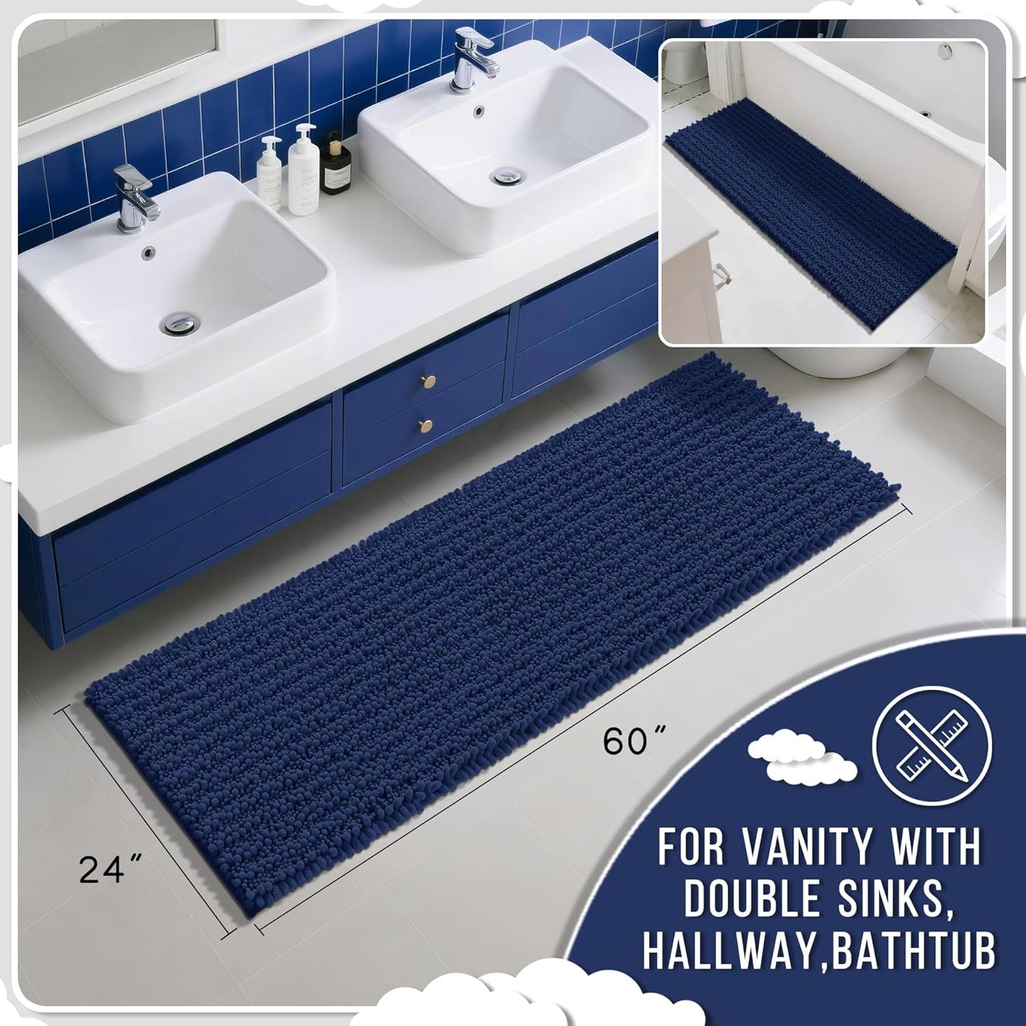 Yimobra Bathroom Runner Rug 60x24 Inch - Extra Long Non Slip Chenille Bath Mat, Soft & Absorbent, Machine Washable Shaggy Hallway Carpet for Vanity Tub Shower, Navy Blue Home Decor Accessories