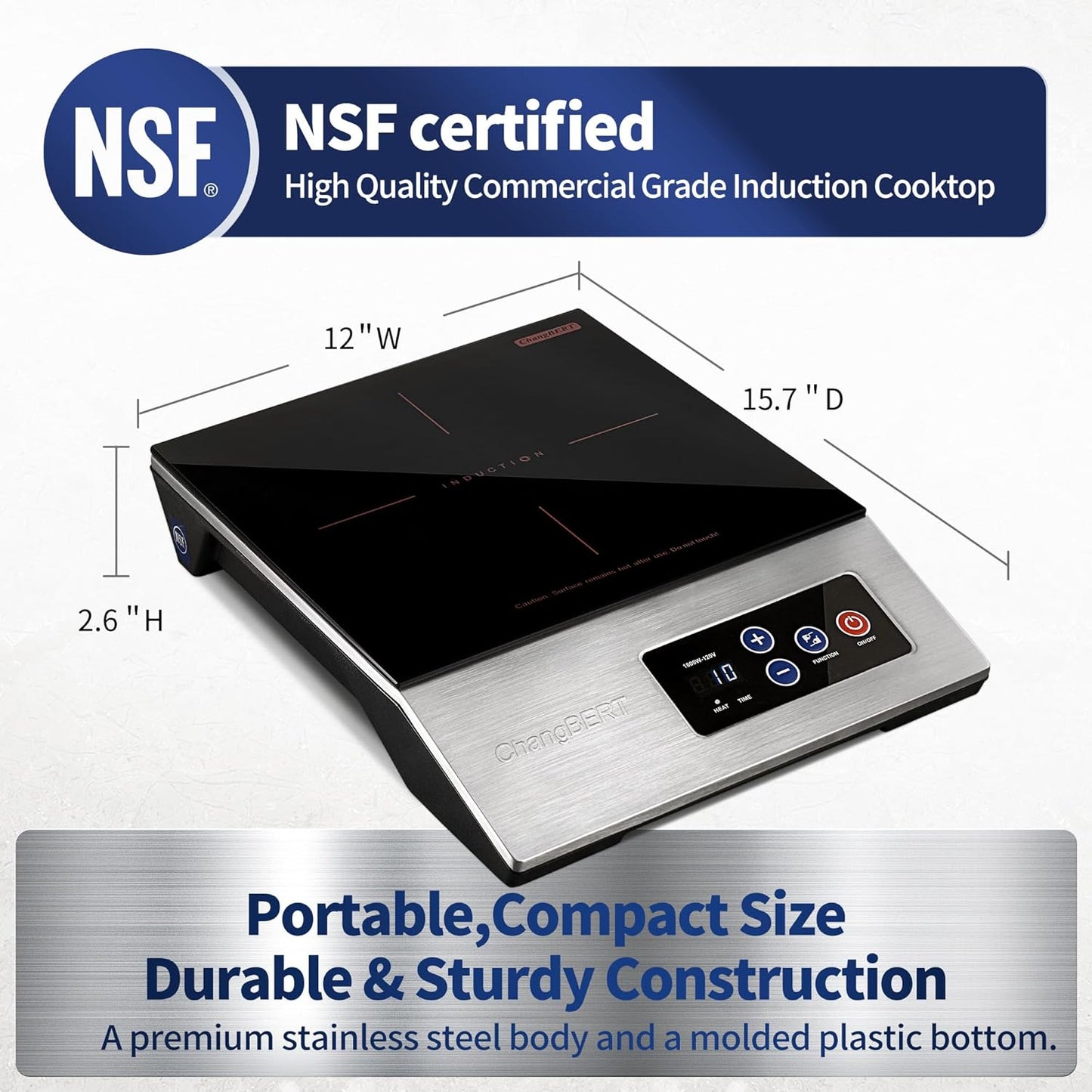 ChangBERT 1800W Commercial Grade Induction Cooktop, NSF Certified Portable Large 8" Heating Coil, 12" Heat Resistant Cooking Surface Premium Stainless Steel Pro Chef Professional Burner Hot Plate