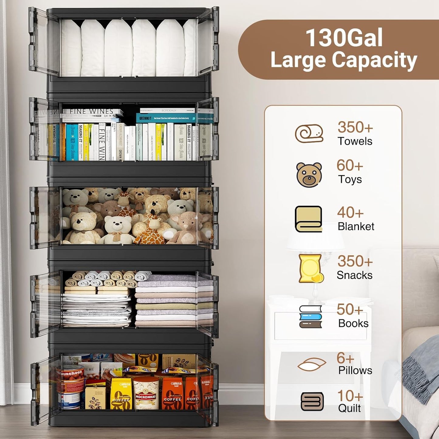 460Qt Stackable Storage Bins with Individual Lids & Wheels, Large Plastic Collapsible Latching Boxes Closet Organizers and Storage Cabinet Shelves Units for Home Kitchen Dorm, 4-Pack Black