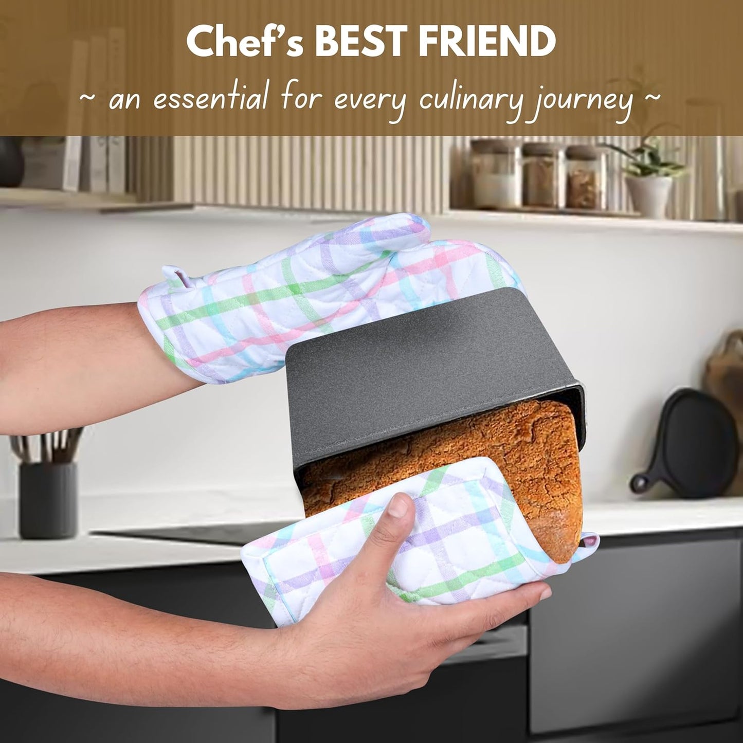 Native Fab 4 Piece Set - 2 Oven Mitts & 2 Potholders, Heat Resistant, 100% Cotton, Quilted Design, Non-Slip Grip, Ideal for Baking, Cooking, BBQ, Kitchen Protection, Multi-Color Checks