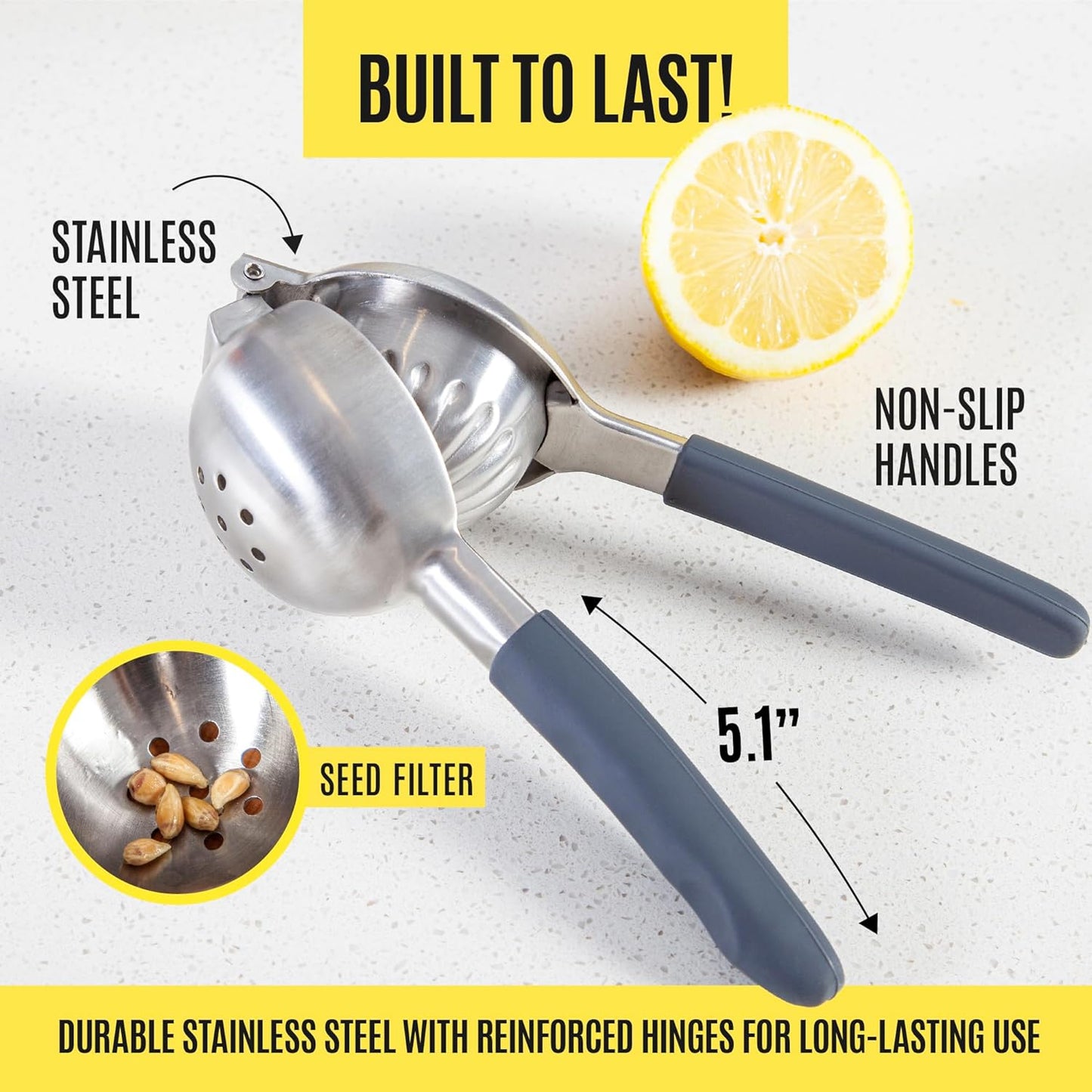 Large Lemon Squeezer Stainless Steel Press - Non-Slip Grip, Heavy Duty, Manual Design - Effortless Pro-Grade Lemon, Lime, Orange, and Citrus Fruit Hand Held Lemon Juicer Squeezer - No Seeds, Max Juice