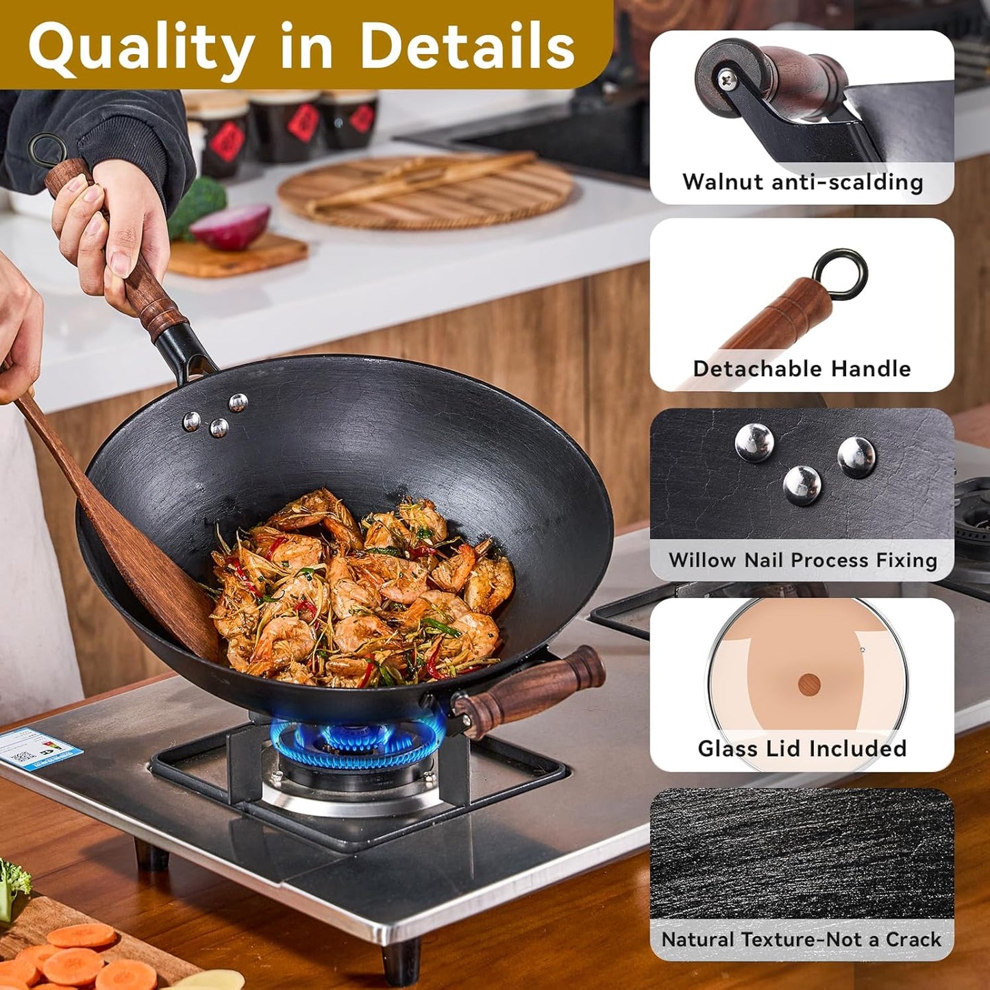 WANGYUANJI Cast Iron Wok,14.1 inch Flat Bottom Wok with Glass Lid,Suitable for All Cooktops, Uncoated Craft Pot Healthy Cooking Pot