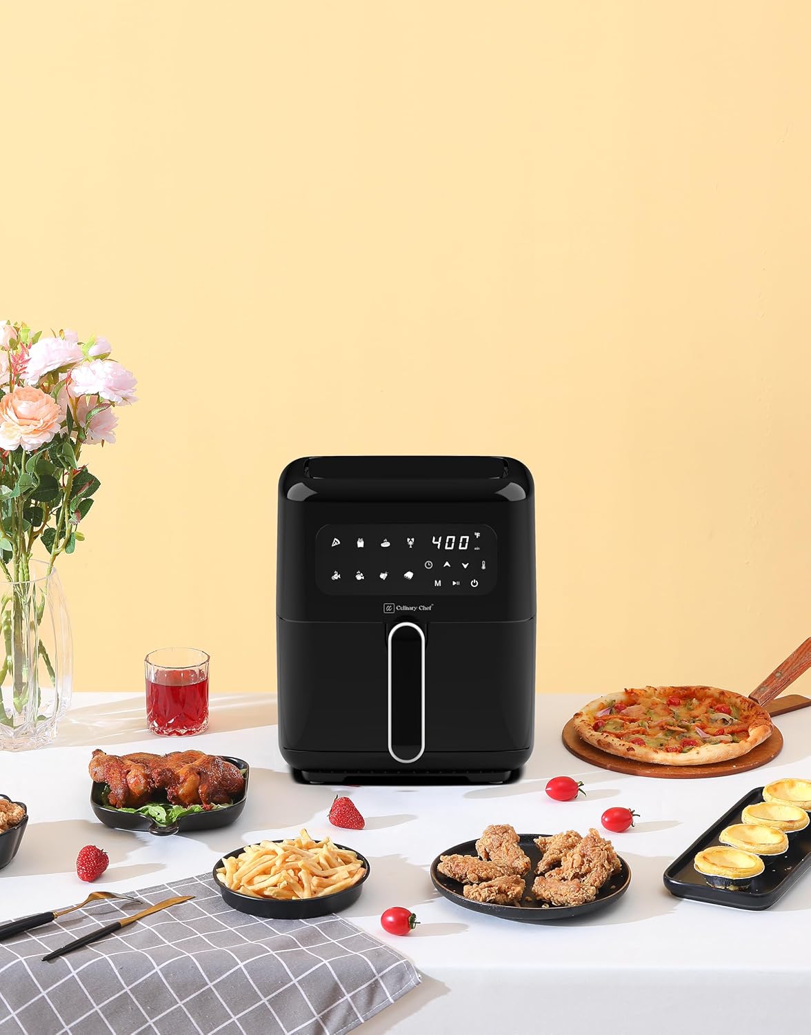 3.2-Quart Electric Air Fryer, Adjustable Temperature, Touch Panel Control, One-Touch Cook Functions, and 360° Rapid Cooking, 1200 Watt Power