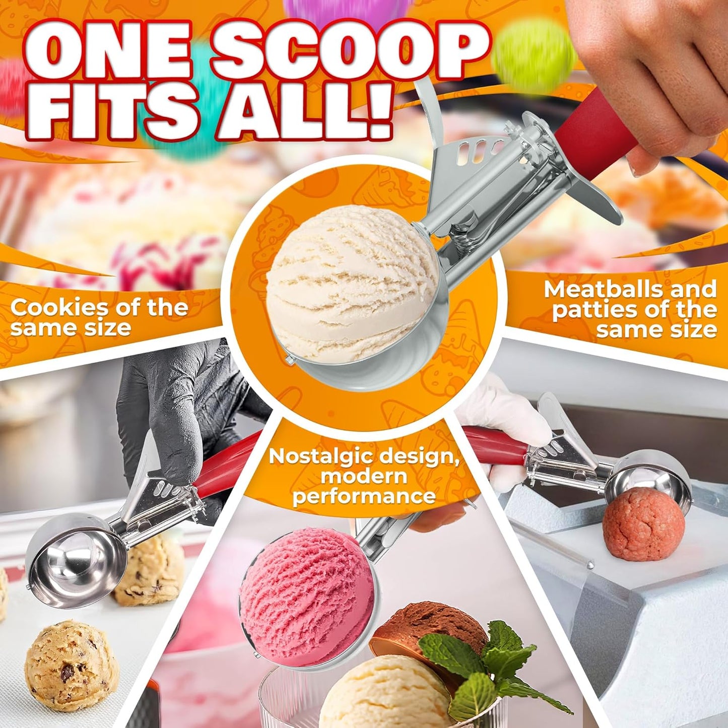 1.33oz Ice Cream Scoop with Trigger #24 - Stainless Steel Ice Cream Scooper for Gelato, Cookie Dough, Meatballs - Easy Portion Control, Comfortable Non-Slip Handle, Dishwasher Safe, Rust Resistant