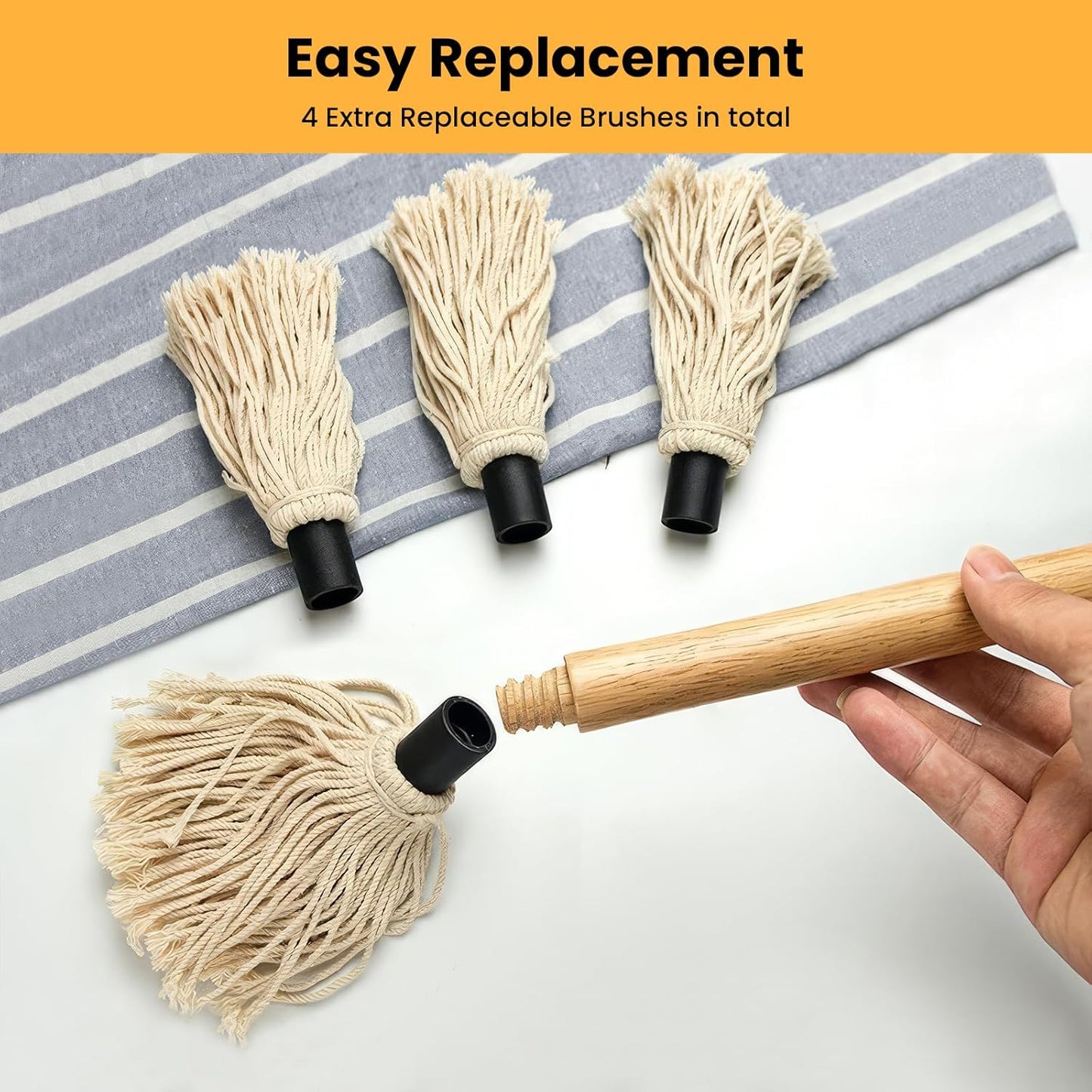 GEEKHOM Grill Basting Mop, Grilling Basting Mops Brushes with Long Wood Handle and Replacement Heads BBQ Sauce Brush for Barbecue Baking Smoking Roasting Steak Cooking, 18+14inch