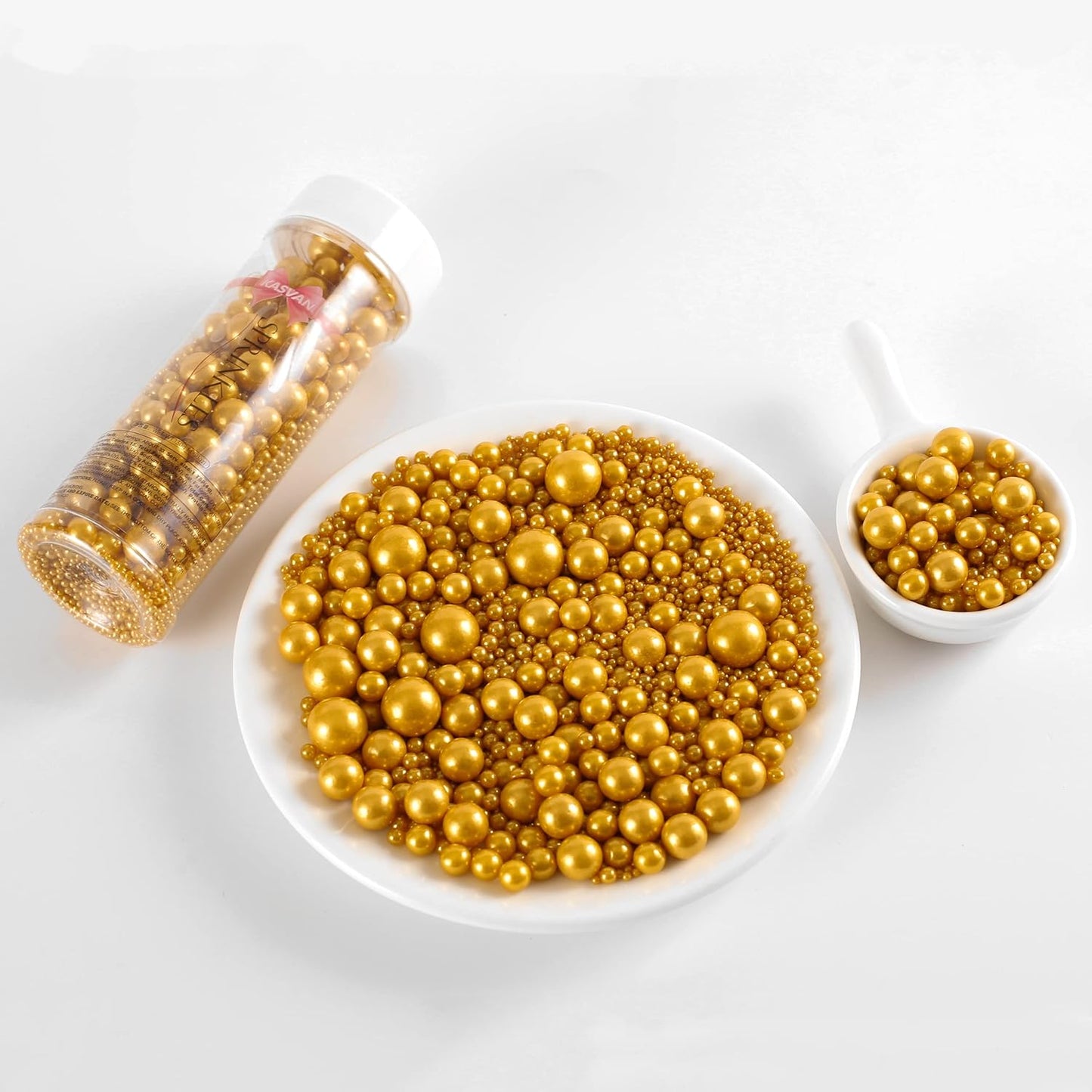 Kasvan Gold Pearl Sugar Sprinkles - Edible Candy Pearls 130g/4.58 Oz, Mix Size, Baking Cake Decorations, Ice Cream Toppings and Cookie Decorating, Wedding Party Chirstmas Supplies