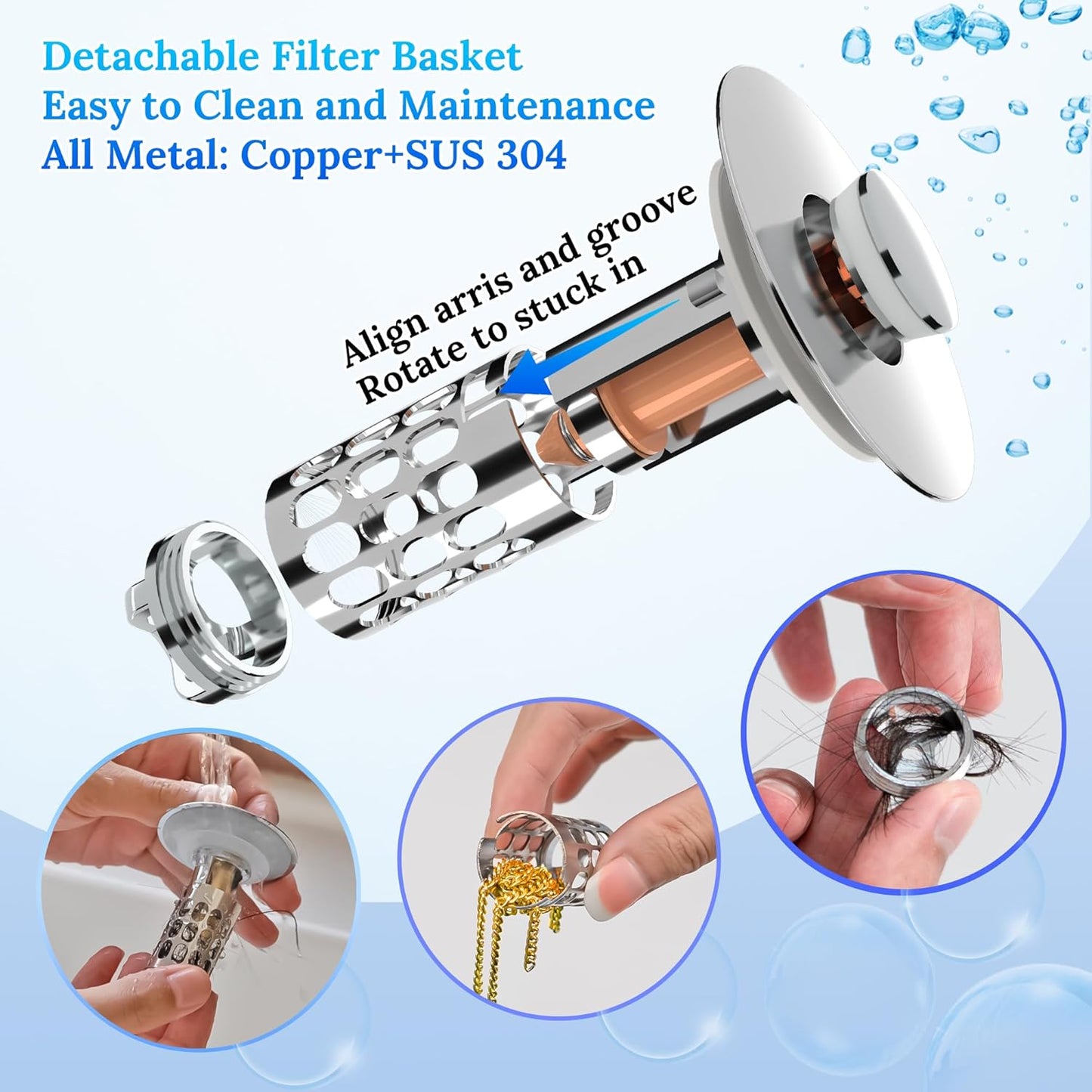 3 in 1 Bathroom Sink Drain Strainer,Universal Pop Up Bathroom Sink Stopper Hair Catcher,with Filter Basket Sealing Ring for Anti-Clogging Odor-Proof,Easy Install Drain Catcher for 1.06”~1.61” Hole