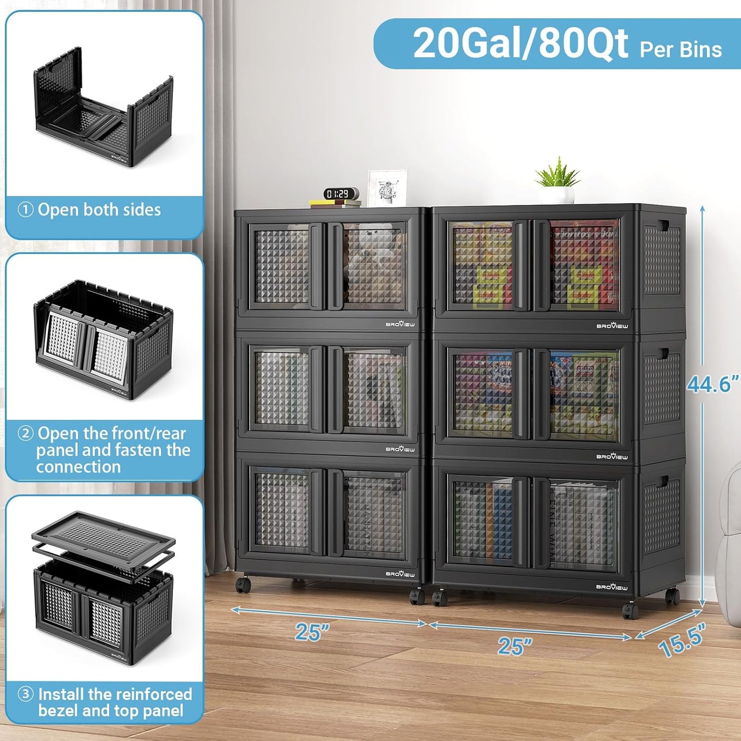 600Qt Stackable Storage Bins with Lids, 150Gal Closet Organizers and Storage Drawer, Plastic Collapsible Storage Bins with Doors, Heavy Duty Store Box Cabinet for Home Office, 6 Pack Black